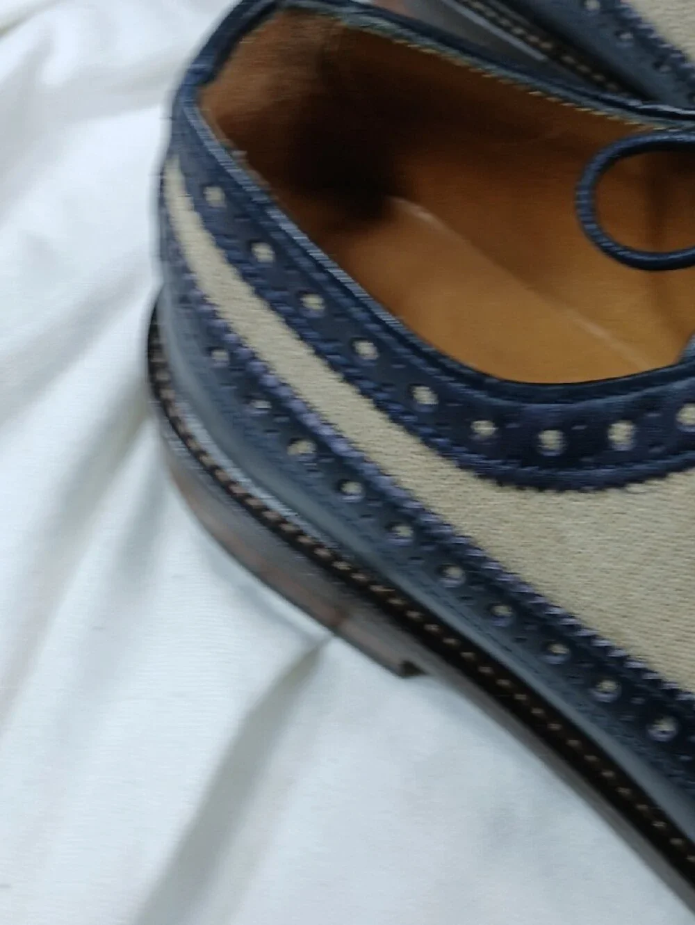 Zara Navy Leather and Beige Canvas Wingtip Derbys